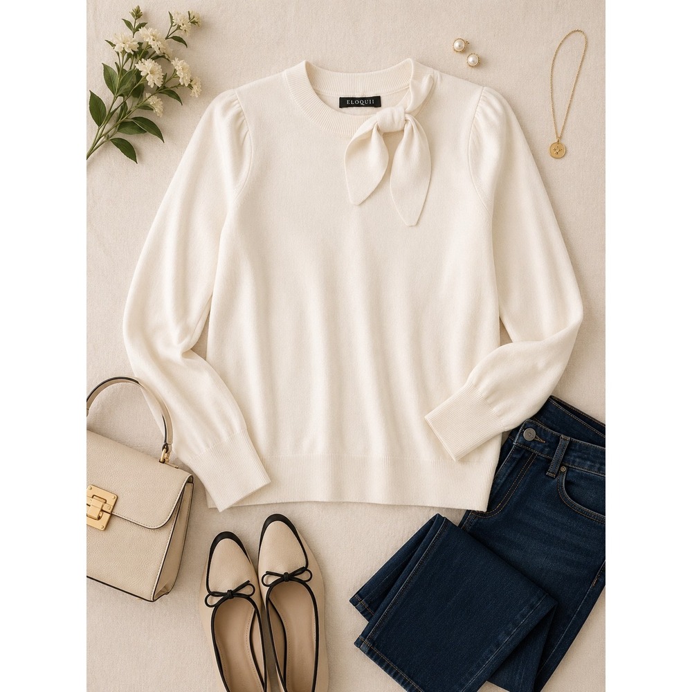 Eloquii Wool Sweater Plus 1x Cream Bow Neck Puff Sleeve Knit Top Quiet Luxury
